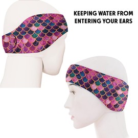 WIRESTER Adjustable Swimming Headband Ear Band, Neoprene Ear Guard Keep Water Out, Hold Earplugs in, Swimmer Ear Protection Hair Band for Men Women Kids (Large) - Pink Mermaid Scales