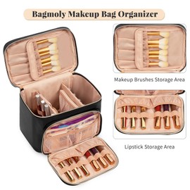 Large Makeup Bag, Portable Travel Makeup Bag for Women Girls with Makeup Brush Compartment, Stylish Makeup Bag Organiser Cosmetic Case with Handle and Divider for Black, Rose Gold, Travel