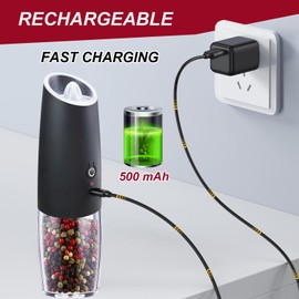 RECHARGEABLE - Gravity Electric Pepper and Salt Grinder Set, Adjustable Coarseness, With LED Light, One Hand Automatic Operation, Stainless Steel Black, (2 Pack Black)