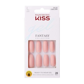 KISS Gel Fantasy Ready-to-Wear Press-On Gel Nails, “All About You”, Long, Pink, Matte Finish, Nail Kit with 24 Mega Adhesive Tabs, Pink Gel Glue, Manicure Stick, Mini File, and 28 Fake Nails