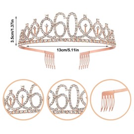 JurciCat Decoration 60th Birthday Woman 60th Birthday Woman Sash and Tiara Rose Gold Crown 60th Birthday Woman Gifts for Birthday Decorations