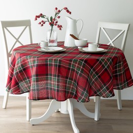 Benson Mills Holiday Plaid Yarn Dyed Fabric Table Cloth, Holiday, Winter, and Christmas Tablecloth (70" Round, Red)