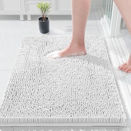 COMPOLICY White Bath Mat, Super Absorbent Bathroom Mat, Machine Washable Non, Slip Anti Mould, Shower Mats with 40 x 60CM, 1'' Chenille Microfiber Material for Bath Kitchen Living Room, LH-xne-1p-bai