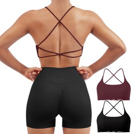 SUUKSESS Women 2 Piece Open Back Sports Bra Pack Strappy Workout Gym Yoga Crops (Wine Red & Black, L)