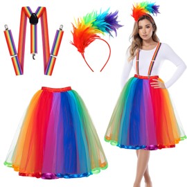 IWTBNOA Rainbow Costume Women's Tulle Skirt Rainbow Women's Long, Tulle Skirt Colourful with Colourful Feather Headband, 80s Costume Accessories, Retro Neon Tutu for Carnival, Costume Party, Theme