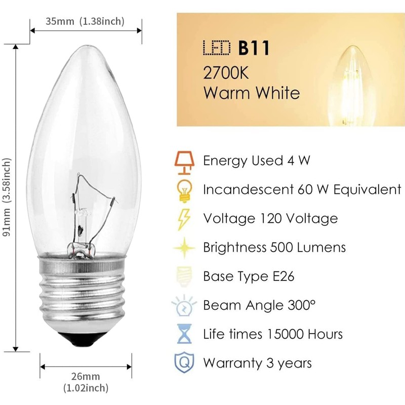 Tiqian Elegant Chandelier Light Bulbs, Incandescent Torpedo Shape, Crystal Clear,