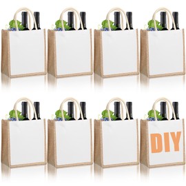 YAYODS Pack of 8 Jute Bags - 26 x 14 x 27 cm White Reusable Fabric Bags for Painting with Handles - Blank Jute Bag Shopper - Tote Bag for Christmas, Shopping, Travel, Wedding, DIY, White / Yellow