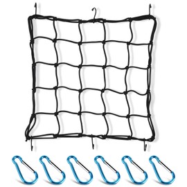 15" x15" Cargo Net, Stretches to 30"x30", Gear Helmet Luggage Thicken Netting with 3"x 3" Small Mesh & 6 Adjustable Metal Hooks and 6 Metal Carabiners for Motorcycle, Bike, ATV