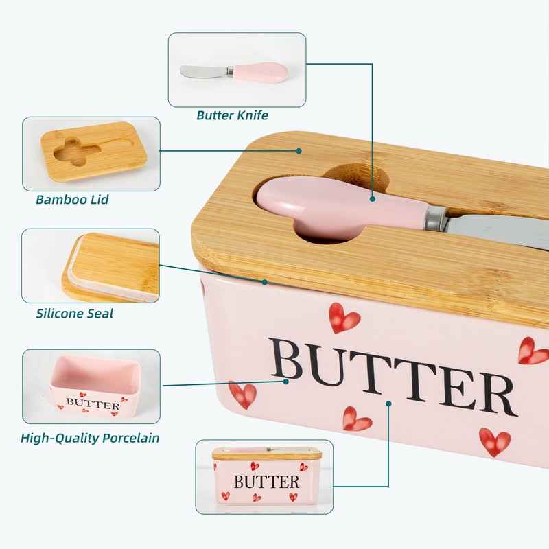 YumiPLUS Pink Ceramic Butter Dish with Bamboo Lid and Knife,