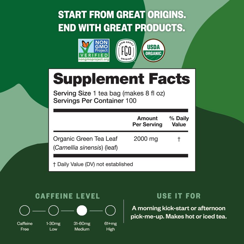 FGO Organic Green Tea, 100 Count Eco-Conscious Tea Bags, Caffeinated,