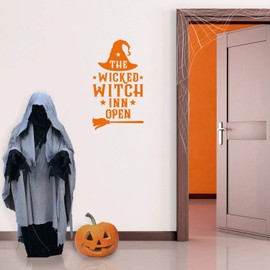 Vinyl Wall Art Decal - The Wicked Witch Inn Open - 30" x 17" - Trendy Funny Witch Hat Shape Quote Sticker for Entryway Dining Room Kitchen Restaurant Coffee Shop Store Window Spooky Decor (Orange)