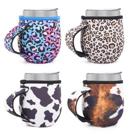 AJLTPA 4Pack Reusable Neoprene Insulated Sleeves With Handle For 12oz Stemless Wine Glass, 16oz Regular Mouth Pint Mason Jars (Animal Pattern)