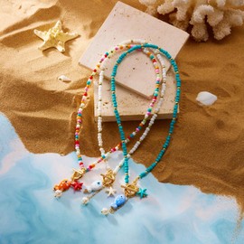 Starfish Fish Toggle Necklace Boho Colorful Pearl Beaded Necklace Summer Coastal Beachy Beach Hawaiian Choker for Women Men (Blue)