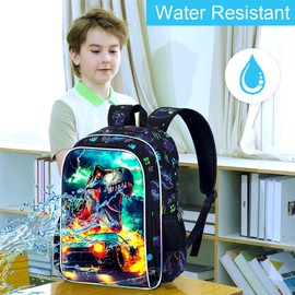 KLFVB 3PCS Dinosaur Bookbag for Boys Set, Water Resistant 16 Inch Preschool Backpack with Lunch Box - Sports Car Dinosaur
