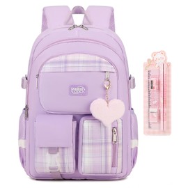 qodbopack Backpack For School Women College Middle High Teen Girls Student Bookbag Waterproof Laptop Bag Plaid Purple