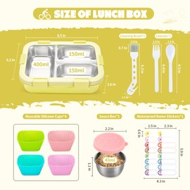 Erreloda Stainless Steel Lunch Box Kids, 3 Compartments Leak Proof Metal Bento Box, Snack Containers with Condiment Cup, Food Storage Containers With Utensils and Small Cleaning Brush Set, Yellow