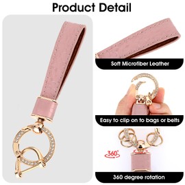Amabro Leather Car Keychain, Universal Key Fob Keychain Holder with Diamond Anti-lost D-Ring 360 Degree Rotatable Car Key Fob for Men Women Keyrings Car Accessories Family Present(Pink)
