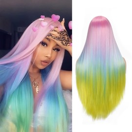 QITAQOTA Rainbow Wig for Long Time Use,Rainbow Wigs for Women,Wigs for White Women Clearance,Colored Wigs,Soft Synthetic Long Wig,Hair Replacement Wigs Cosply Wig
