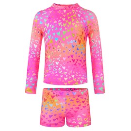 TENVDA Girls Swimsuit Long Sleeve Rash Guard Sets Size 6-7 Years Old Hotpink Hearts Print UPF 50+ Bathing Suit Swimwear