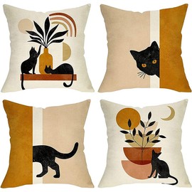 Set of 4 Cat Cushion Cover - Cat Pillows for Cat Lovers Soft Covers Boho 45cm X 45cm Cat Pillow Cases Cat Pillows Decorative Kawaii Pillow Case Cat Cat Throw Pillows for Girls Cat Cushions Covers