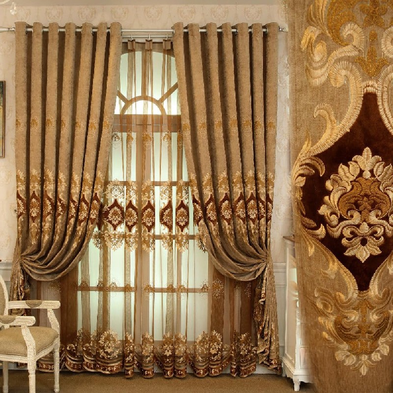 Amidoudou 1 Pair European Luxury Embroidered Curtains for Living Room
