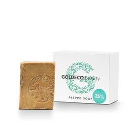 GOLDECO Aleppo Soap 200 g - 75% Olive Oil 25% Laurel Oil, Original Aleppo Hair Soap, Olive Oil Soap, Natural Soap, Traditional Handmade, Vegan (1 x 200 g with Packaging)