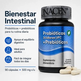 Probióticos + Prebióticos 20 Billones UFC | 90 Cápsulas de Alta Potencia para Bienestar Digestivo