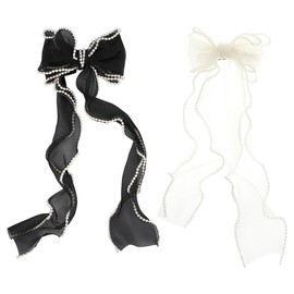 HOBBIESAY 2Pcs Long Tail Bow Hair Accessories with Pearls Polyester Bridal Hair Clips Bowknot Pearl Barrettes Bow Ribbon Hairpins for Wedding Party Festival Black and White 4.1 x 13.8 Inches