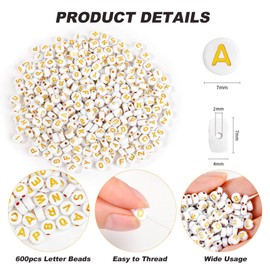 Letter Beads, A-Z Letter Beads, 7 mm Alphabet Beads Set, Acrylic Round Letter Beads for Bracelets, Necklaces, Jewellery, DIY Making, 600 Pieces, Gold White