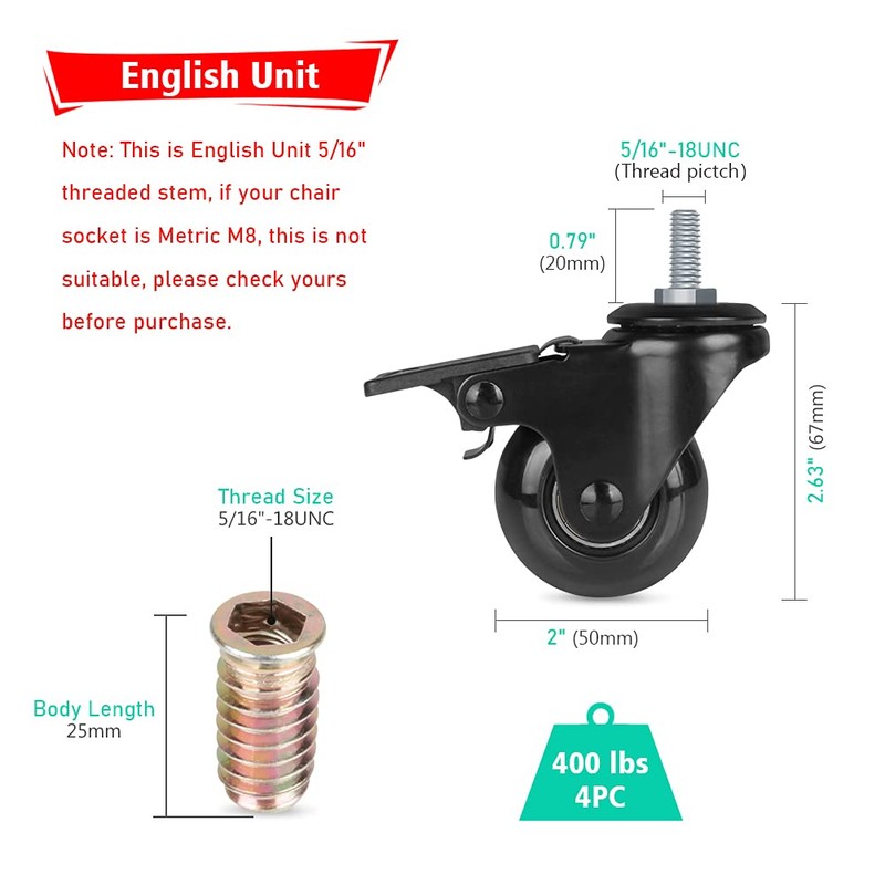 Hirate Threaded Stem Casters 5/16" with Brake, Set of 4