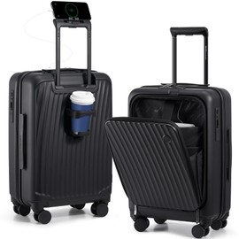 OIWAS 20 Inch Carry On Luggage, Front Pocket Carryon Suitcase with Phone Holder & Cup Holder, Airline Approved Hardshell Luggage with Double TSA Lock, USB Port, Brake Wheel, Black
