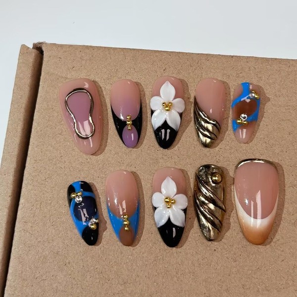 MAGLFELL Press on Nails Handmade Medium Length Almond Fake Nails,