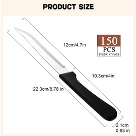 Gisafai 150 Pieces Steak Knives Stainless Steel Serrated Knives with Pointed Blade Black Plastic Handle for Kitchen Restaurant Tableware Camping Butter, Dishwasher Safe, 0.83 x 8.78 Inches