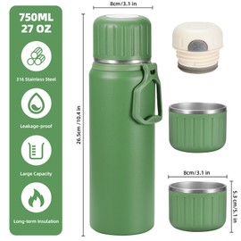 MUCR 750ml/27 OZ Coffee Thermo with 3 cups, Insulated Water Bottle, Stainless Steel Vacuum Flask Set for Hot and Cold Drinks, Gifts Box