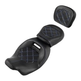 XFMT Motorcycle Low Profile Two-Piece 2-Up Driver Passenger Seat W/Sissy Bar Backrest Pad For Harley Touring Road King Street Glide Road Glide Electra Glide CVO 2009-2023, Blue Stitching