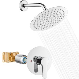 Heyalan Shower 8 Inch Head and Handle Set Round Shower Faucet Set Bathroom Rainfall Shower System Stainless Steel Showerhead Single Function Shower Trim Kit,Female Thread Valve,Polished Chrome