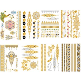 Yesallwas Gold Glitter Realistic Large 8 Pcs Set Metal Star Feather Sea Flower Shiny Tattoo Sticker Body Seal for Arms, Legs, Body, Back 15x21cm (A)