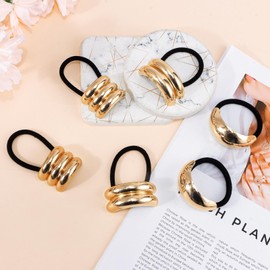 CUBACO 6PCS Metal Hair Ties for Women,KC Gold Hair Ties for Thick Hair,Small Hair Elastics Ponytail Hair Cuffs Gold Hair Accessories Pony Tails Hair Ties