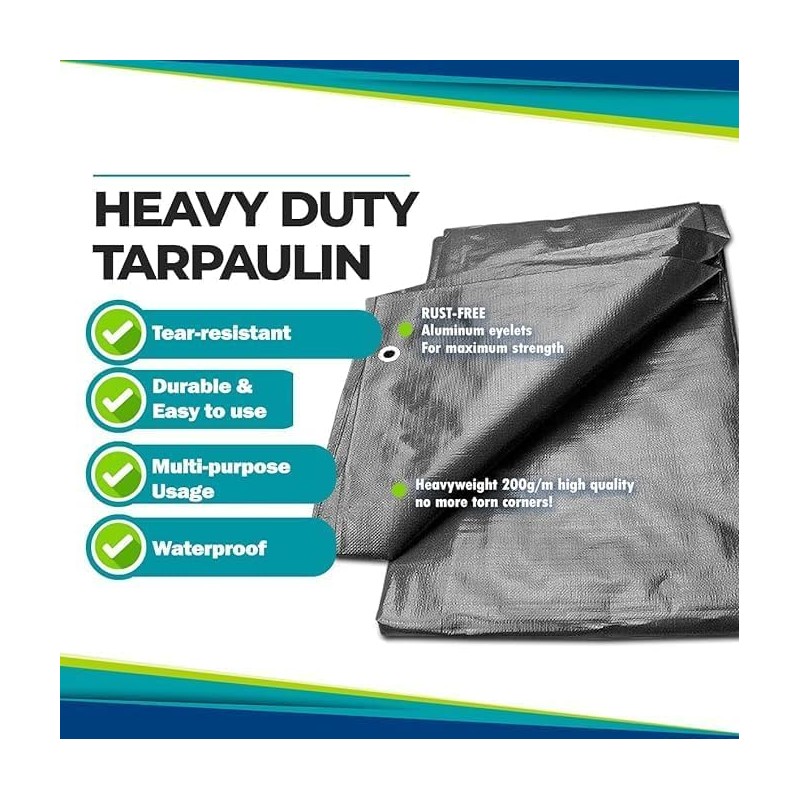2m x 2m Grey Tarpaulin Cover - 200gsm Thick -