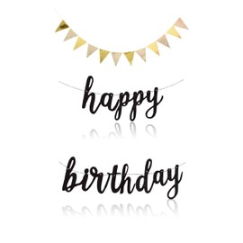 Black Happy Birthday & triangle Banner Decorations, for Women & Men ， Stylish Birthday Sign for Party Decor ， Elegant Celebration Accessories