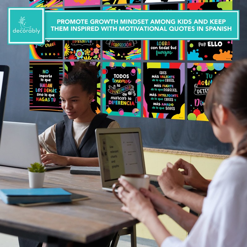 Decorably 15 Vibrant Chalkboard Themed Spanish Motivational Posters for Classroom,
