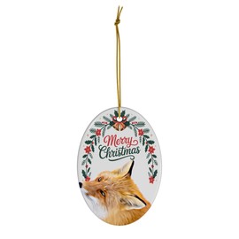 Funny Asia Red Fox Ornament Ceramic Oval White - Merry Christmas 2025 Holiday Keepsake Decoration - Xmas Tree Hanging Decor Gifts for Fox Lovers