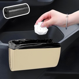 Hovom Car Trash Can, Leather Waterproof Automotive Garbage Can with Trash Bag, Hanging Mini Vehicle Trash Bin, Small Auto Door Organizer Storage Pouch, Universal Car Accessories (Beige)