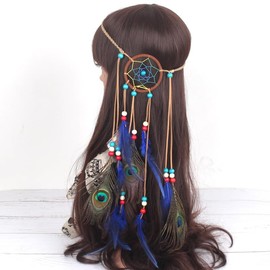 Gangel Bohemian Turquoise Feather Headband Gypsy Indian Headdress Dreamcatcher Hippie Feather Headpiece with Blue Peacock Feather Long Tassel Hemp Rope for Festival 70s Costume Accessories