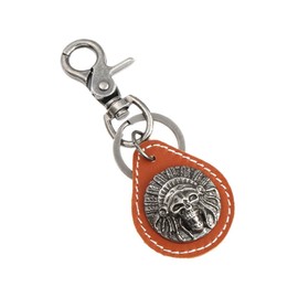 PTDIONE Punk Indian Skull Keychain for Men Leather Key Ring Holder Car Keys Chain with Metal Hanging Buckle for Bag Purse Jeans (Light Brown)