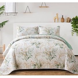 Floral Quilt King Size,Green Botanical King Quilt 3 Pieces,Reversible Soft King Quilt Bedding Set for All-Season(104"x90")