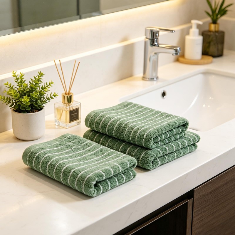 CODOHI 3 Pack Green and White Striped Hand Towels 100%