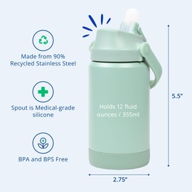 Re-Play 12 oz Water Bottle for Kids - Vacuum-Insulated Stainless Steel Tumbler with Flip-Straw, Silicone Base and Handle - Spill and Leak-Proof Design, Dishwasher and Freezer Safe, Sage