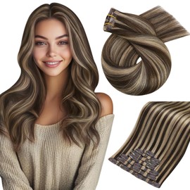 Moresoo Human Hair Clip in Extensions Dark Brown with Honey Blonde Seamless Clip in Hair Extensions Straight Full Head 7Pcs 120G 20inch
