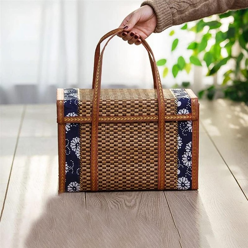 Lobamop Picnic Woven Basket Wicker Storage Bag Handle Folded Fruit